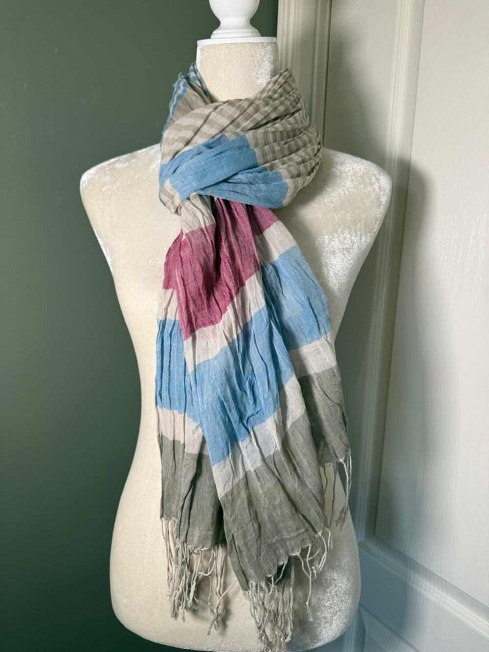 REI Lightweight Striped Scarf Fringe Cotton Blend Wrap Shawl OS